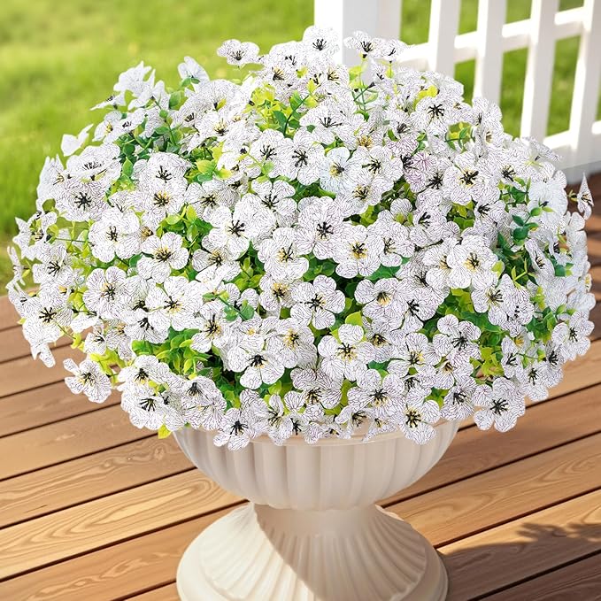 Lifewit Artificial Flowers for Outdoor Indoor, 12 Bundles Plastic Fake Flowers Daisy with Eucalyptus Leaves for Home Garden Decor, Porch, Window Box(White)