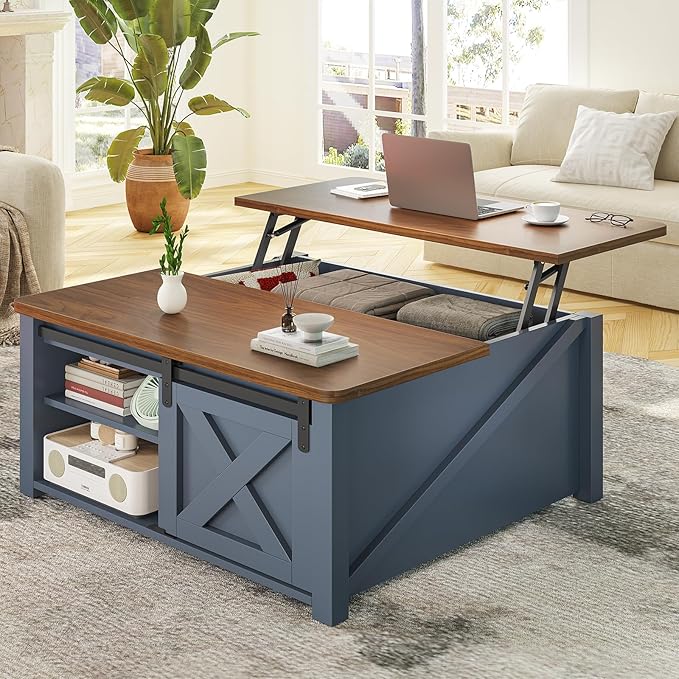 SEDETA 31.5" Lift Top Coffee Table with Storage, Square Coffee Tables for Living Room, Farmhouse Coffee Table with Large Hidden Storage Compartment and Adjustable Shelves, Blue