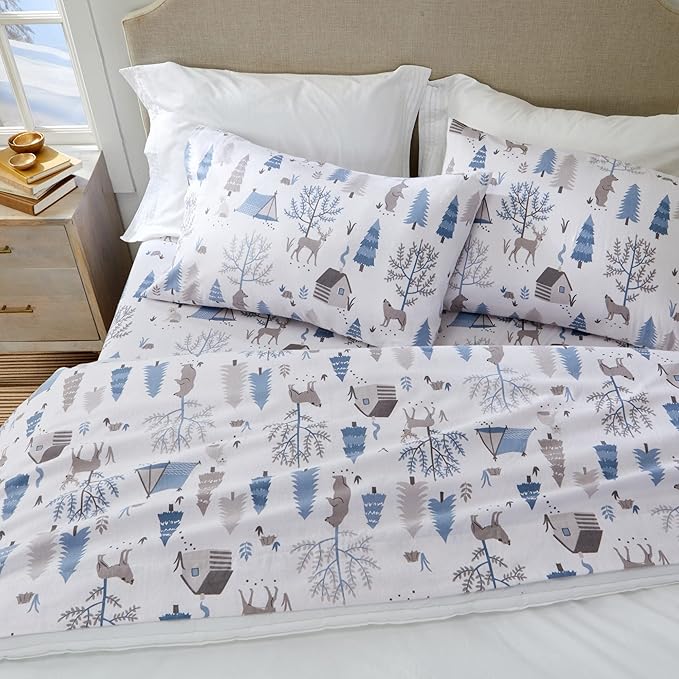 Market & Place 100% Turkish Cotton Flannel Sheet Set | 3 Piece Deep Pocket Novelty Cozy Winter Bed Sheets | Double Brushed for Extra Softness & Comfort | Alpine Collection (Twin, Winter Wildlife)