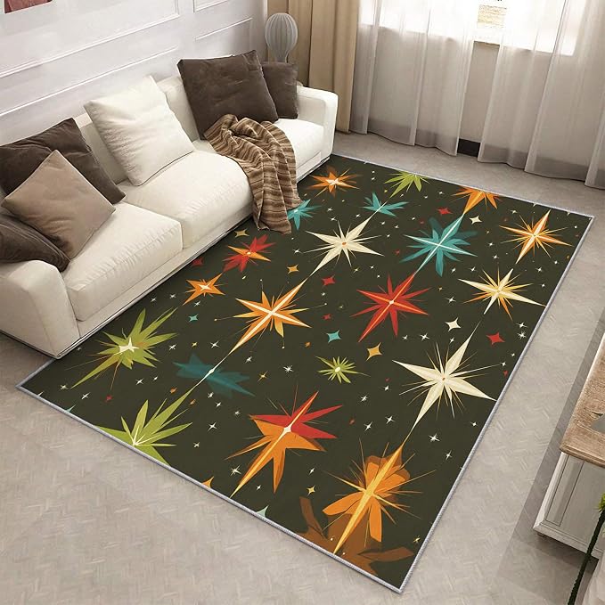 Atomic Rugs for Bedroom 6x9 ft, Abstract Starburst Area Rugs for Living Room, Washable Non Slip Low Pile Mid Century Modern Carpet, Home Decor PF-P 107