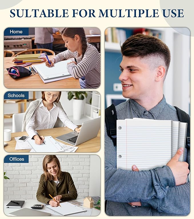PINJINGPRO Loose Leaf Paper, Notebook Paper, 8 x 10.5 College Ruled Paper, 3 Hole Punch Binder Paper, Lined Paper for 3 Ring Binders, College Ruled Paper, 100 Sheets/Pack Filler Paper (2 Pack)