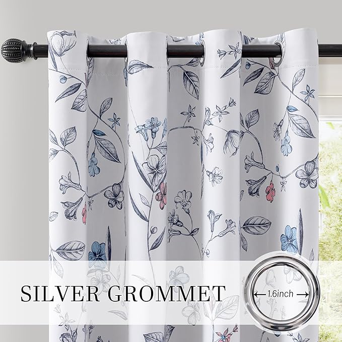 ChrisDowa 100% Blackout Floral Curtains 96 Inches Long 2 Panels for Bedroom Living Room Navy Blue Flower Patterned Room Darkening Thermal Insulated Soundproof Grommet Window Treatments Drapes,52X96
