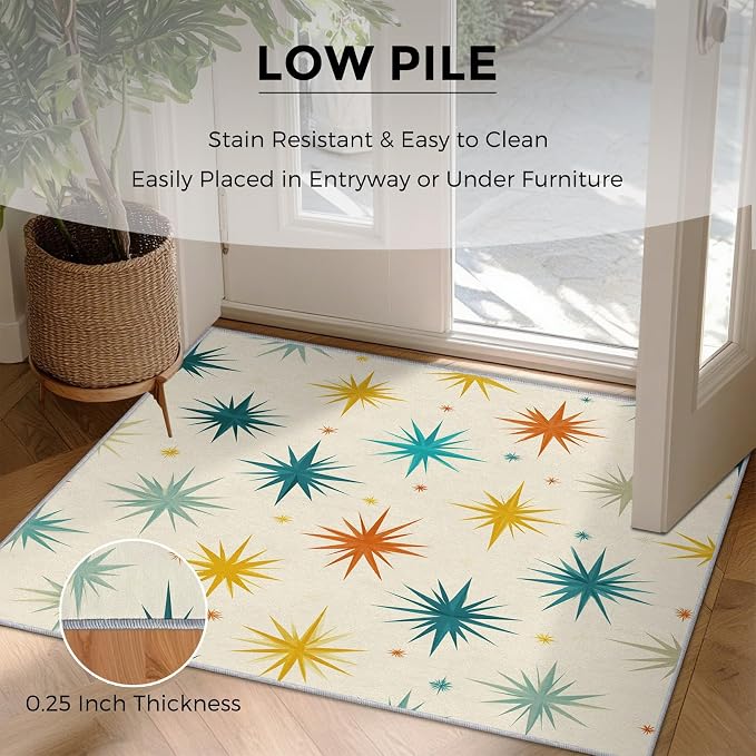 Mid Century Modern Rugs for Living Room Decor, 5x6 ft, Retro Starburst Atomic Area Rugs for Bedroom, Soft Non Slip Washable Geometric Sunburst Carpet Home Decorations D-g48