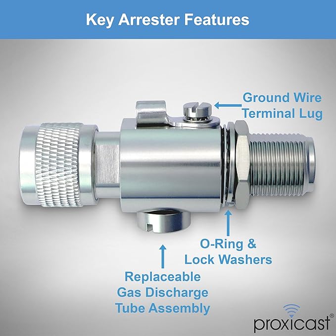Proxicast Coaxial Lightning Arrester for 0 to 6 GHz (N-Male/N-Female) - Pro-Grade 230V Antenna Lightning Protector for 4G, LTE, 5G, Wi-Fi, 900MHz, Helium, LoRa and Other Outside Antennas (ANT-212-002)