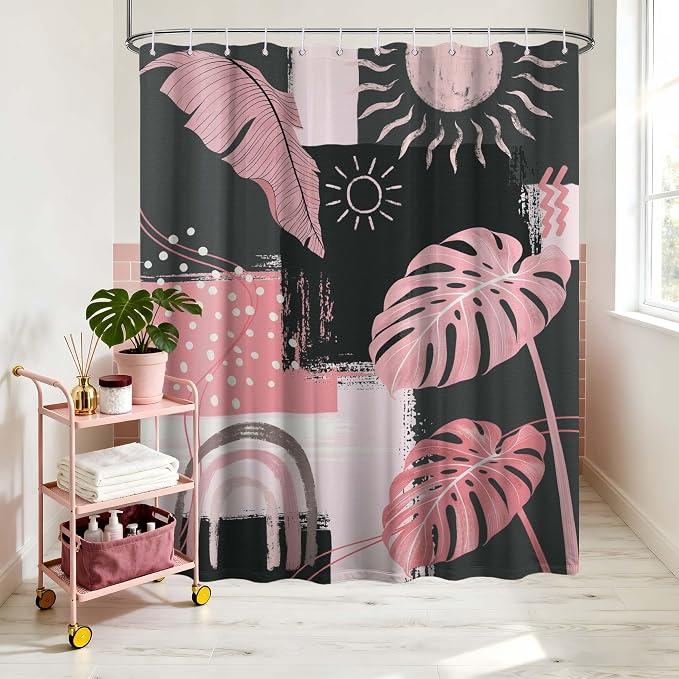 Pink and Gray Mid Century Modern Shower Curtain Bohemian Abstract Light Pink and Grey Shower Curtains for Bathroom Decor Sets, Waterproof Cloth Fabric with Hooks, 70x72 Inch
