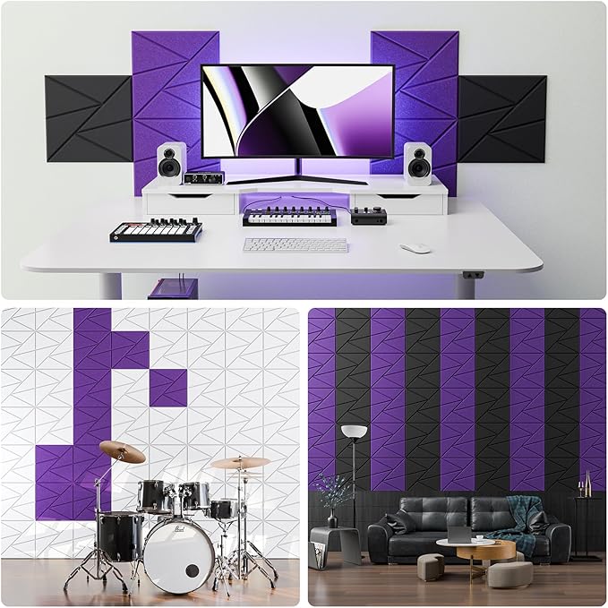 12 Pack Acoustic Panels with Self-Adhesive, 12"X 12"X 0.4"Sound Proof Foam Panels, Sound Panels High Density, Soundproof Wall Panels for Home Studio Office Purple