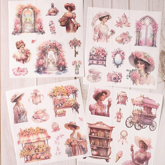 YagCu Garden Journaling Stickers, 50 Sheets Washi Junk Journal Sticker Book, Scrapbook Supplies, Watercolor Scrapbooking for Adults, Pink Decorative Ephemera Arts Craft
