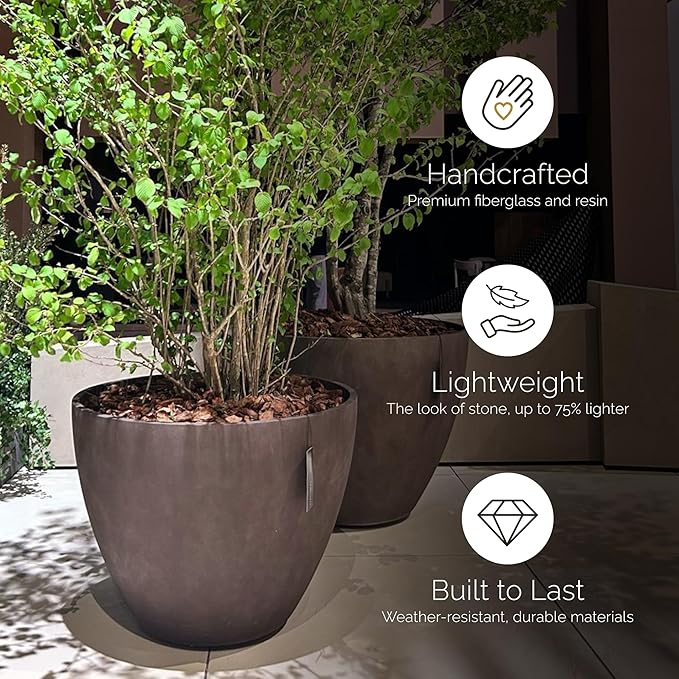 Lupo Tapered Planter – Sand Stone Finish – Fiberglass Indoor/Outdoor and Weather-Resistant Medium Planter (24.4" D x 18.7" H Exterior, 23.1" D x 18.1" H Interior)