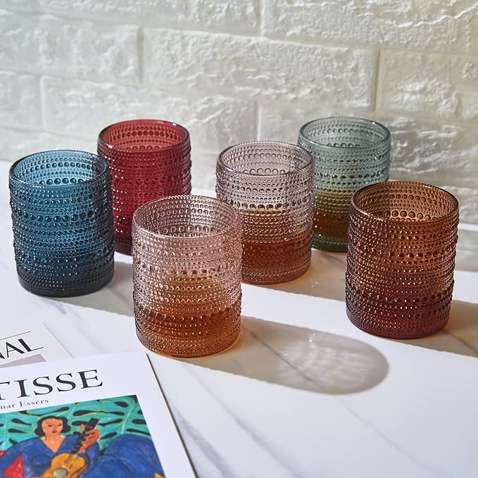 Burnt Orange Amber Hobnail Drinking Glasses | Set of 6 | 11 OZ Bubble Design Vintage Glassware, Beverage Glasses Bubble Water, Wine, Old Fashioned Cocktail, Whiskey Rocks Glass Cup, Elegant Glassware