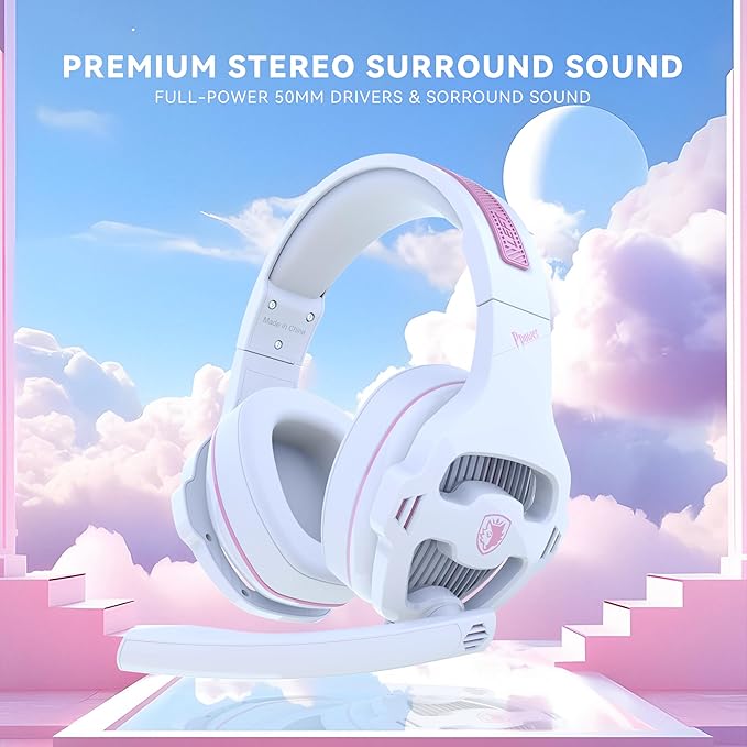 Globalsades SA726 Stereo Gaming Headset for Xbox One PS4 PS5 Controller, Over Ear Headphone with Mic Noise Cancelling Headset for PC Xbox Series (White Pink)