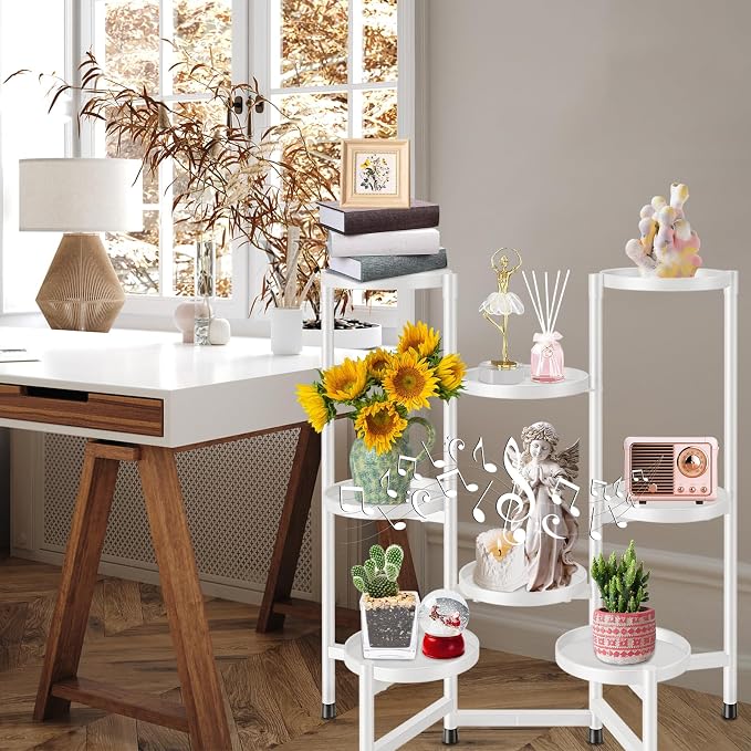 8 Tier Plant Stand Indoor Tall, Tiered Plant Stands Outdoor for Multiple Plants, Corner Metal Folding Flower Display Holders Rack Shelf for Living Room Balcony Garden, Cream White