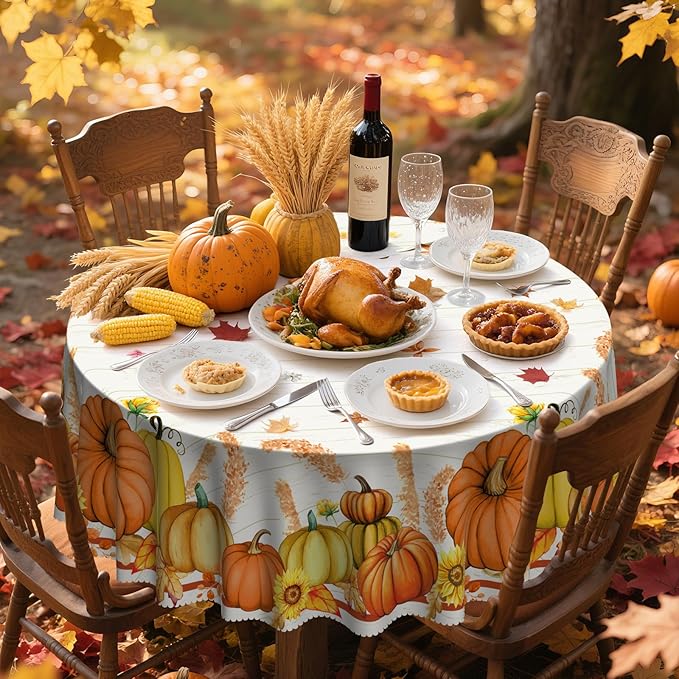 Eikione Round Thanksgiving Tablecloth, Round Fall Tablecloth 60 Inch, Pumpkin Table Cloth, Autumn Harvest for Christmas, Holiday, Birthday, Thanksgiving, Harvest