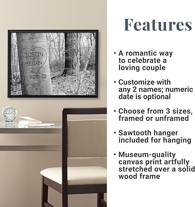 Let's Make Memories Personalized Canvas Wall Art For Couples - Engagement, Wedding, Newlyweds, Anniversary - Home Decor - Carved Heart B&W - Canvas - 11x14