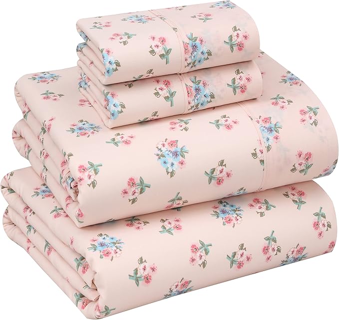 RUVANTI 100% Cotton Sheets Queen Size Set, 4 Pieces, Soft & Breathable Percale Weave Bedding, Deep Pocket 16", Hotel Standard, Crisp Cool Feeling, Durable, Perfect Floral Bed Sheet, Spring On
