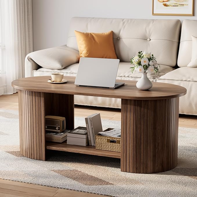 OneBlis Oval Fluted Coffee Table, 2-Tier Center Table with Large Storage, Mid-Century Modern Wood Coffees Table for Living Room, Home Office, Small Space, Walnut