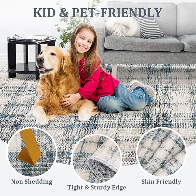 Modern Plaid Washable Rug 8x10 Area Rugs for Living Room Soft Bedroom Rug Tartan Large Area Rug Non Shedding Non Slip Throw Rugs Stain Resistant Carpet for Nursery Office 8'x10' Green/Beige