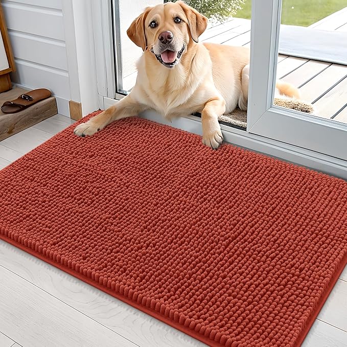 OLANLY Dog Door Mat for Muddy Paws 36x24, Absorbs Moisture and Dirt, Absorbent Non-Slip Washable Doormat, Quick Dry Chenille Mud Mat for Dogs, Entry Indoor Entryway Carpet for Inside Floor, Maple Red