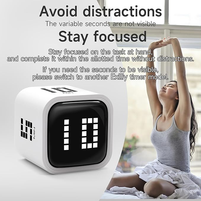 Exlliy Rotating Productivity Timer 5, 10, 30, 60 Minutes Preset, Desk Cube w/Gravity Sensor for ADHD, Mute Functions, Ideal for Work, Study, Kitchen, Back to School (White)