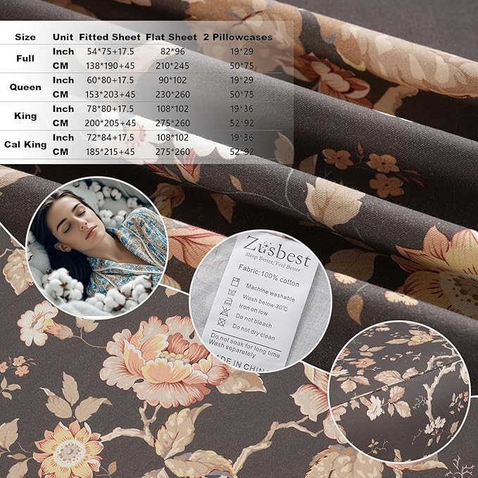 Zusbest Dark Brown Floral Bed Sheets Set - King Size Percale Cotton Shabby Rustic Peony Flower Print Bed Sheets - Soft Breathable Mocha Classic Vintage Bedding 4 Pcs Deep Pocket Flower Bed Sheets