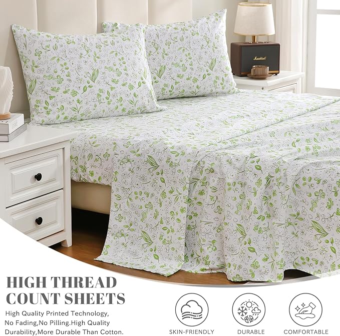 Bedlifes California King Sheet Set Ultra Soft, Breathable, Silky Flower Deep Pocket 100% Microfiber Bedding, 4 Piece Cal King Size Green Floral