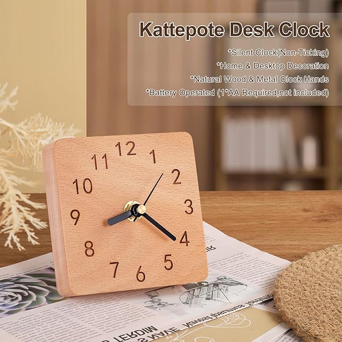 Kattepote Wooden Table Clock on Stand, Decorative Battery Operated Desk and Shelf Clock, Silent Non-Ticking Desktop Clock for Office, Living Room or Bedroom Decor, Square Shape, Beech Wood