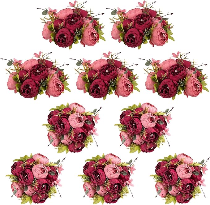 NUPTIO Flower Ball Arrangement Bouquet: 10 Pcs 9.4 inch Diam Pink & Red Faux Peony Flowers Balls for Wedding Centerpiece Decorations Fake Peonies Artificial Flower Centerpieces for Tables