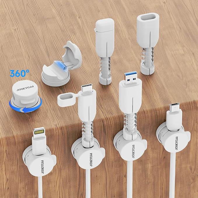 6 Desktop Cord Organizer Magnetic Spring Cable Clips Rotatable Cord Holder 2 Charging Cord Protecors for Nightstand Phone Charger Organizer Computer Desk Cable Management Appliance Adhesive Wire Strap