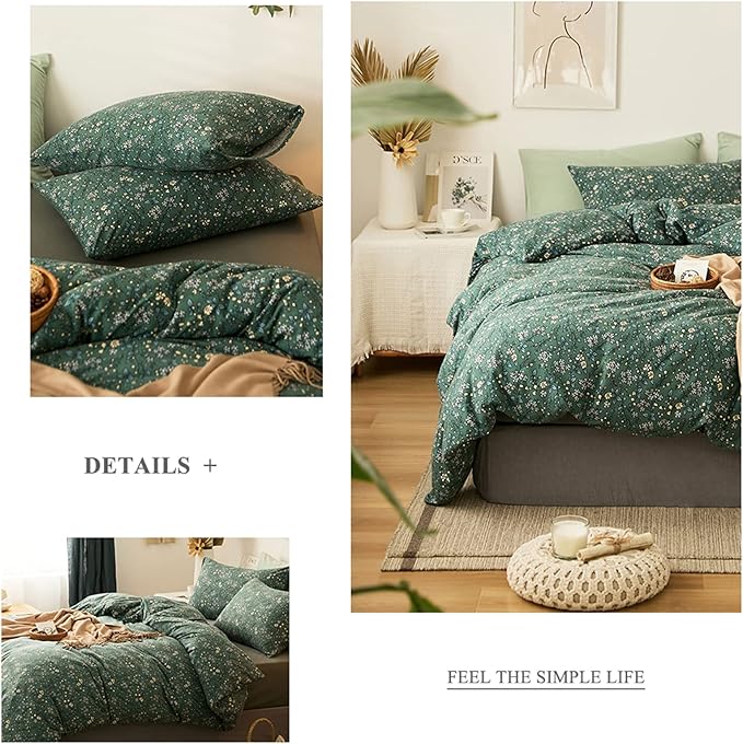 HighBuy Full Size 100% Cotton Jersey Knit Duvet Cover Set - Green Floral - 3 Piece - Duvet Cover (80"x90") & 2 Pillowcases (20"x26") - Cottagecore Style - Unisex - Breathable & Fade Resistant