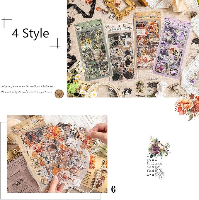Ptyism 309 Pcs/24 Sheets Stickers for Scrapbooking,Scrapbook Flower Stickers for Scrapbooking Art Journal Bullet Journal Accessories