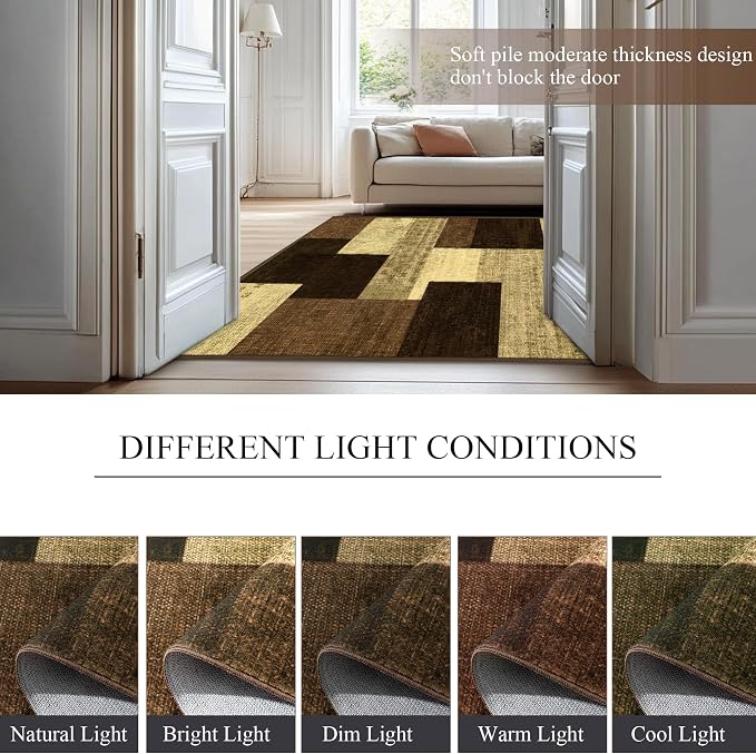 Modern Geometric Patchwork Indoor Area Rug for Living Room, Warm Taupe 9x12 Large Rug Rockwood Collection Hardwood Floors Decor for Bedroom, Taupe Throw Carpet for Office Entryway Dining Room