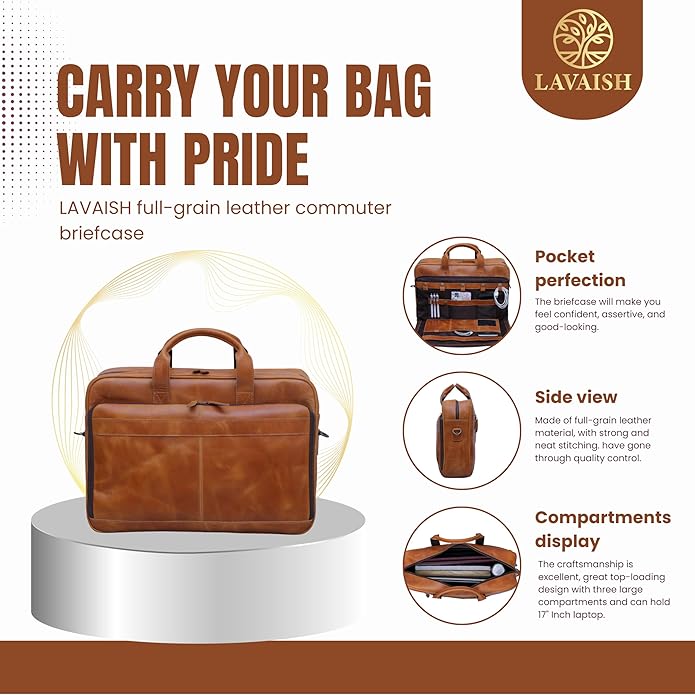 LAVAISH Handmade Full-Grain Leather Briefcase for Men & Women–17" Laptop Bag with Computer Compartment Office Satchel Bag
