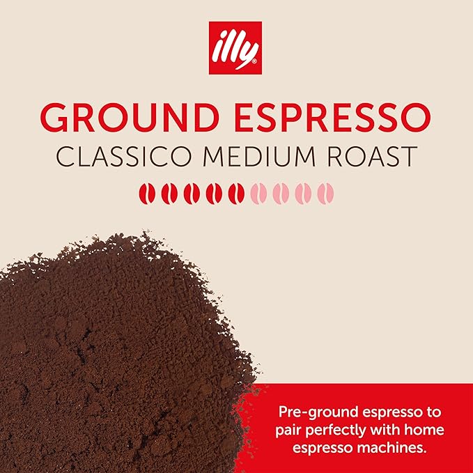 illy Ground Espresso Coffee, Classico Medium Roast, 100% Arabica, Premium Italian Coffee, Pre-Ground for Espresso Machines, 8.8oz, 12 Pack