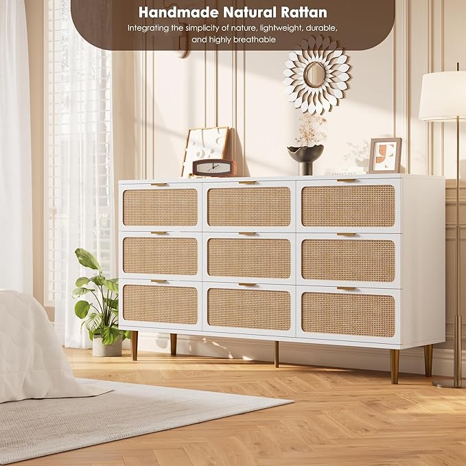 Garvee Rattan Dresser with 9 Drawers, Tall Modern Closet with Deep Storage, Large Chest of Drawers with Wide Top, Long Wooden Dresser for Bedroom, Living Room, Hallway, Kids Room, White