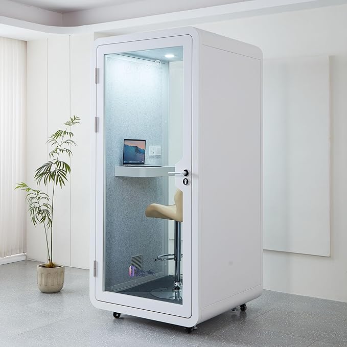 Mobile Office Pod Booth, Solo Soundproof Pod with High-Density Acoustic Panels, Premium Sound Pod with Silent Ventilation, Wheels and Feet, Build-in Table, LED Lighting System, USB Ports (White-Grey)
