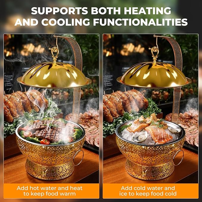 8QT Golden Chafing Dishes for Buffet, Round Stainless Steel Chafing Dish Set for Parties, Christmas Gatherings, Home, Catering Events Complete Buffet Warmer Colder Set (4)