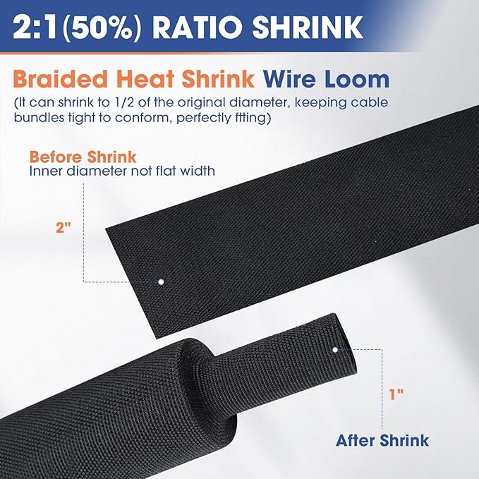 FOURUB 2:1 Heat shrinkable Braided Sleeving Fabric Wire Loom High Temp Heat Shrink Wiring Harness Abrasion Protector Cable Sleeve (2"-27ft)