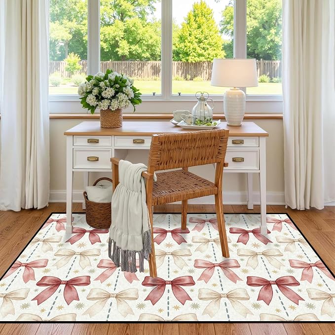 Pink Bowknot Area Rug 3'x5' Watercolor Coquette Aesthetic Non-Slip Washable Carpet for Entryway Bedroom Living Room Nursery Kitchen Playroom Home Decor Soft Low Pile Floor Mat