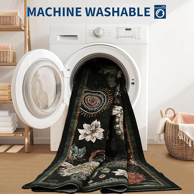 Washable 9x12 Vintage Floral Area Rug Non Shedding Living Room Large Carpet Non Slip Modern Botanical Solid Indoor Carpets Low Pile Floral Rug Soft Thin Foldable Mat for Classroom Dining Room, Black