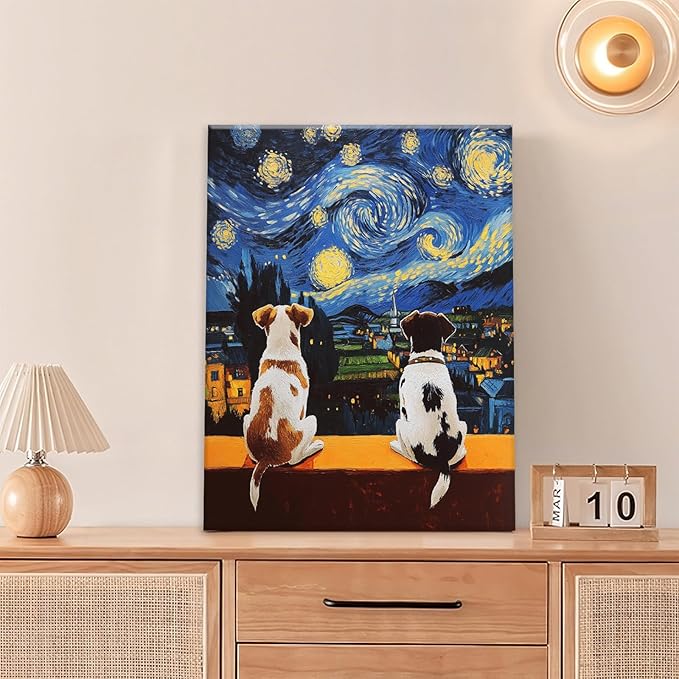 Dog Wall Art, Starry Night Dogs Pictures Wall Decor, Animal Canvas Prints Painting, Framed Artwork for Bathroom Living Room Bedroom Office Dining Room 24"X16"