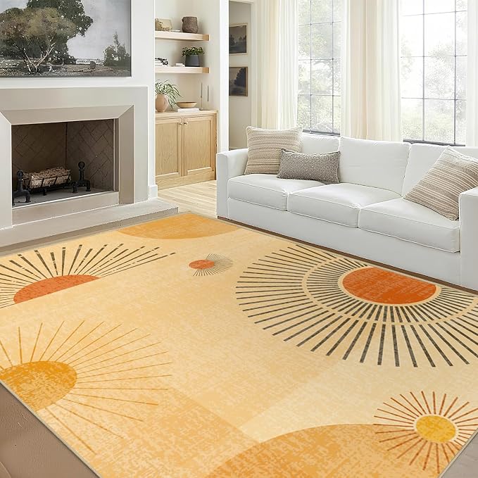 Large Area Rug 5x7 Sun Rug Living Room Mid Century Modern Rugs Machine Washable Boho Geometric Rug Non Slip Printed Low Pile Indoor Floor Carpet for Dining Room Bedroom Office,Yellow