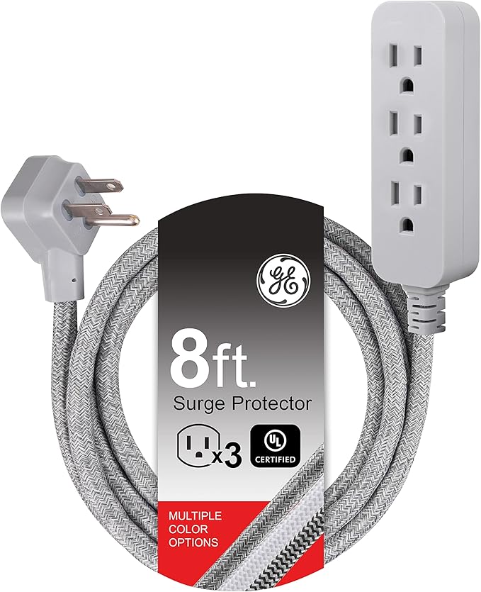 GE Pro 3 Outlet Surge Protector Power Strip, 8 Ft Designer Braided Extension Cord, Flat Plug, Wall Mount, Heather Gray, 45916
