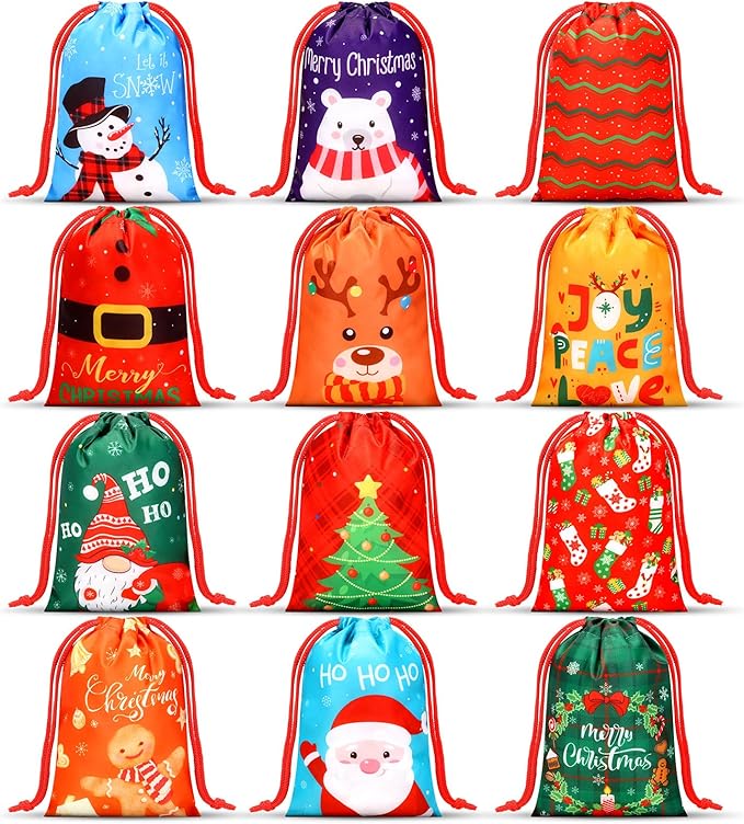 Xuniea 24 Pcs Christmas Party Favors Bags for Kids Drawstring Backpack Santa Claus Goodies Snack Treat Gift Bags Presents Wrapping for Xmas Winter Holiday Birthday Party (5.1 x 7.1 Inch)