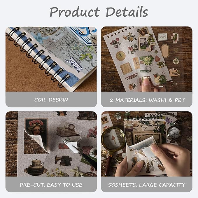 SIBLYMONA Vintage Stickers Pack, 50 Sheets Over 500 Pcs Art Stickers for Journaling, Scrapbooking Supplies and Junk Journal Bullet Journal Deco & Collage Kit Planner Accessories (Flower)