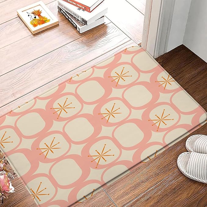 Mid Century Modern Bath Mat Abstract Atomic Geometric Retro 1950s Pink Bathroom Kitchen Toilet Rugs,20x31 Inch
