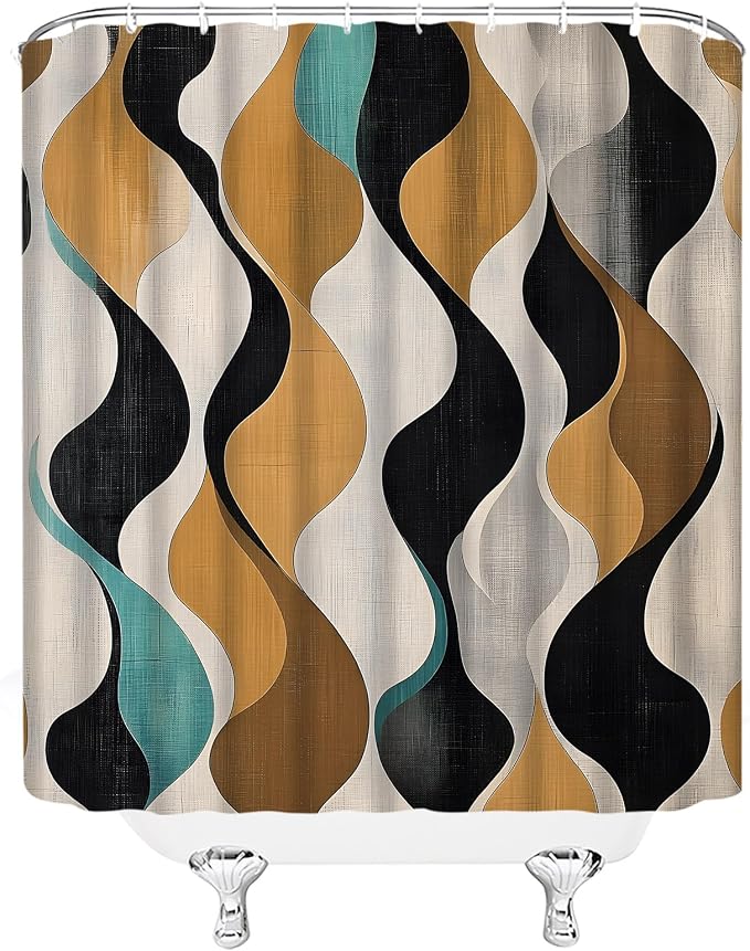 Mid Century Shower Curtain Boho Minimalist Modern Abstract Aesthetic Geometric Striped Atomic Retro Earthy Fabric Bathroom Decor Set with Hooks(70" Wx78 H)
