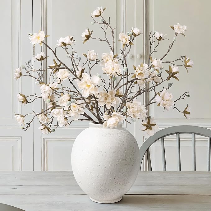 Large White Ceramic Vase, 9.8 inch Rustic Farmhouse Flowers Vase for Home Decor, Sandstone Texture Round Pottery Tall Vase Indoor for Table Living Room Decor