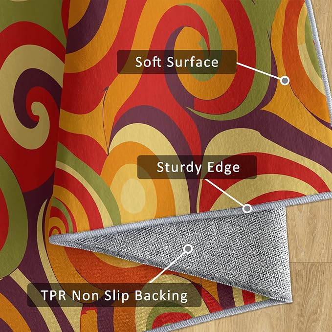 70s Retro Rug 5x7 Swirl Psychedelic Groovy Hippie Pop Pattern Area Rugs for Living Room, Bedroom, 70s Retro Home Decor Accessories Indoor Carpet, Non Slip & Machine Washable, GD0316
