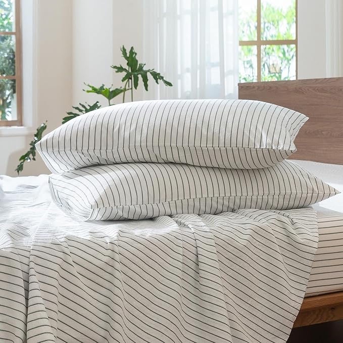 MooMee Striped Duvet Cover Set 100% Washed Cotton Linen Like Textured Breathable Durable Soft Comfy (White Heathered Green Wide Stripes, Palatial King/Oversized King 120"x98")