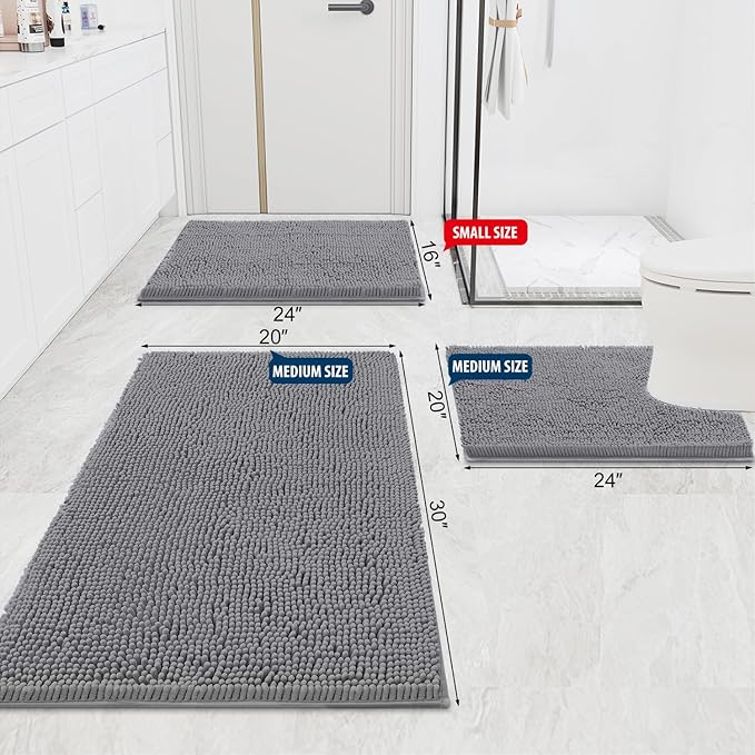 Smiry Luxury Chenille Bathroom Rugs 59x20, Extra Soft and Absorbent Shaggy Bath Mat, Machine Washable, Non-Slip Plush Carpet Runner for Tub, Shower, and Floor, Home Decor Accessories, Grey