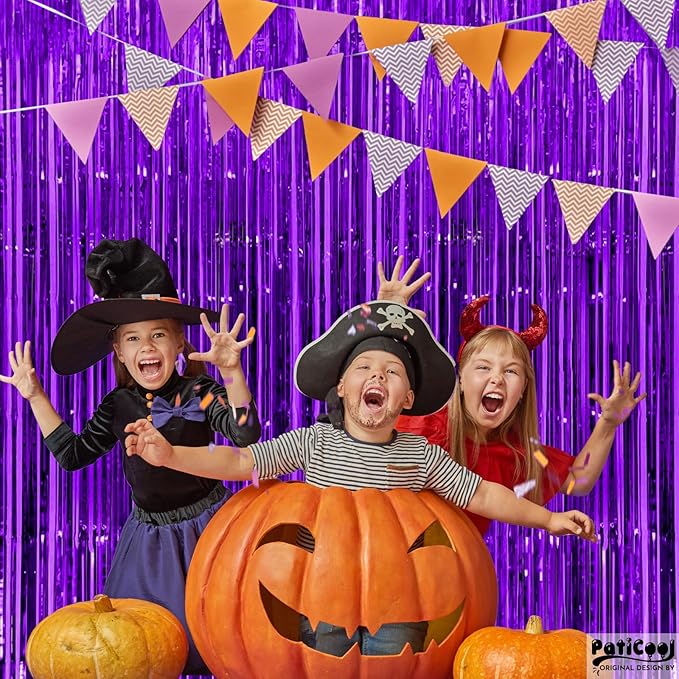 Thicken Purple Streamers 2 Pack 3.3 x 6.6 FT, Purple Birthday Decrorations Tinsel Backdrop Curtains, Foil Fringe Photo Backdrop for Birthday, Halloween, Graduation Party Decorations